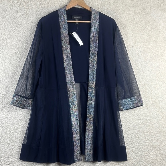 NWT R&M Richards Navy Foil Texture Knit 3-Piece Jacket Dress Necklace Size 14 - Picture 3 of 16